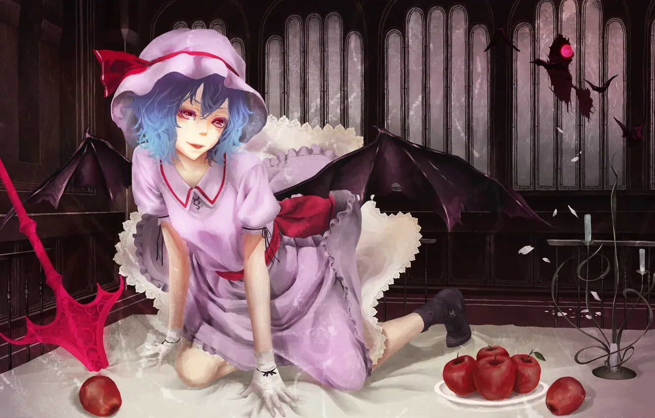 Photo wallpaper girl, weapons, apples, wings, the demon, art, touhou, remilia scarlet