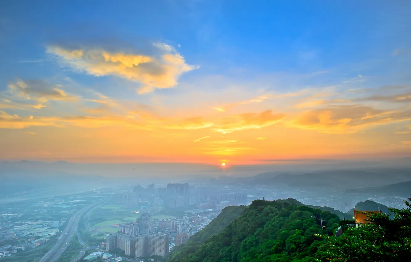 Photo wallpaper the sky, the sun, sunset, clouds, the city, fog, dawn