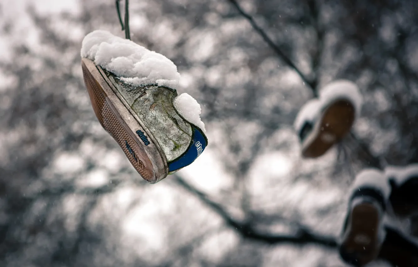 Photo wallpaper snow, background, sneakers