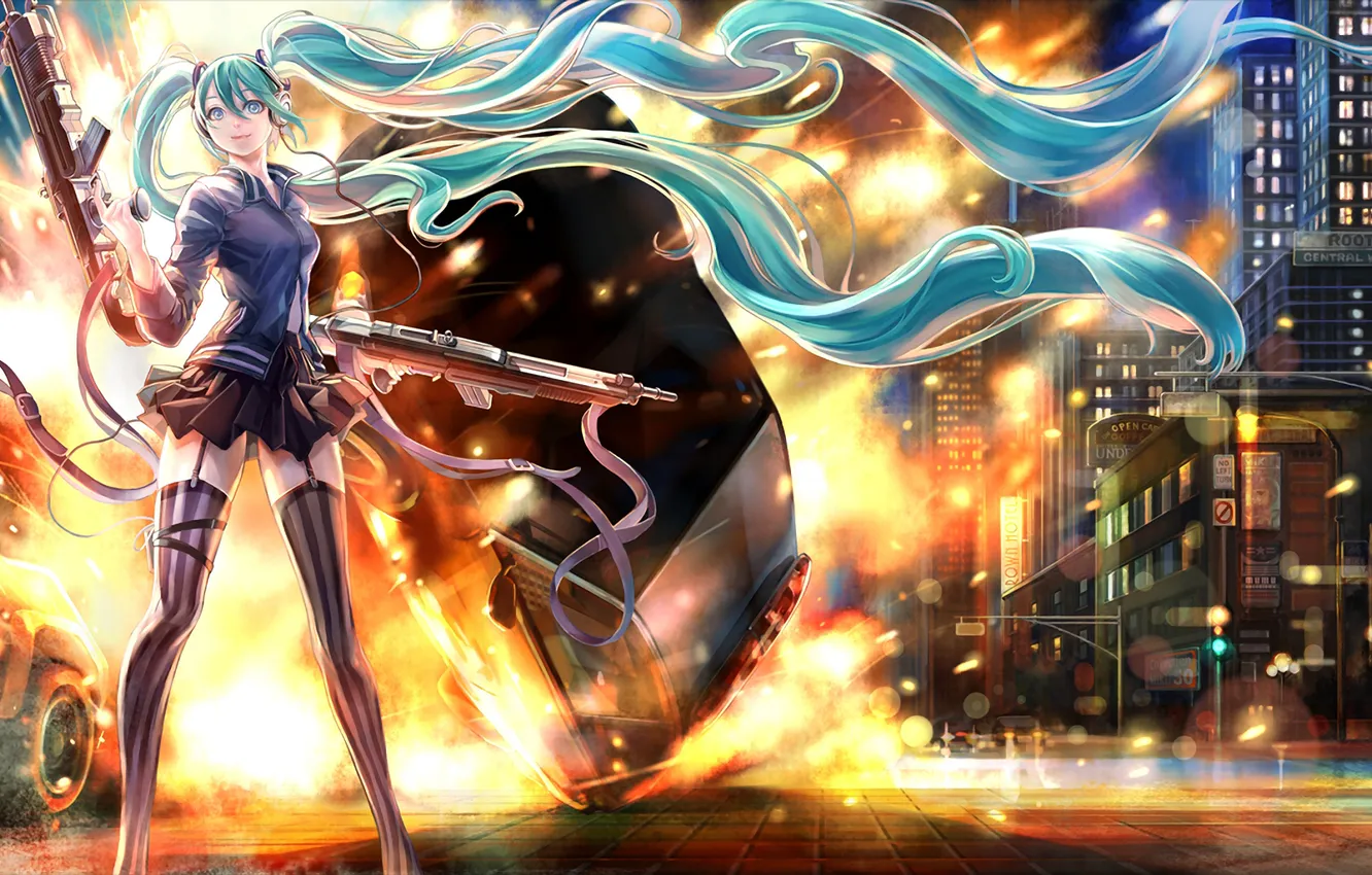 Photo wallpaper machine, the explosion, night, the city, lights, the wind, machine, braid