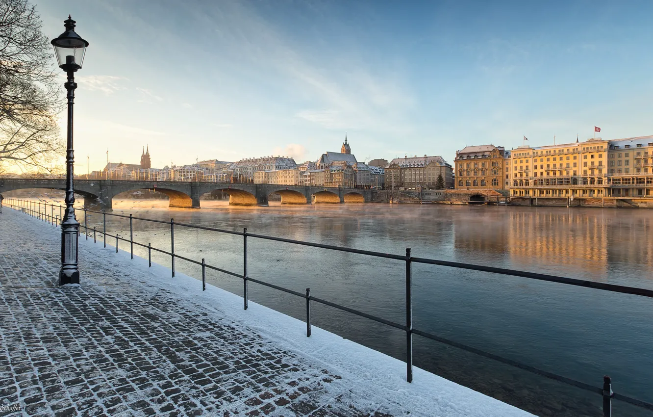 Photo wallpaper snow, bridge, river, morning, Switzerland, promenade, Basel, Mustermesse