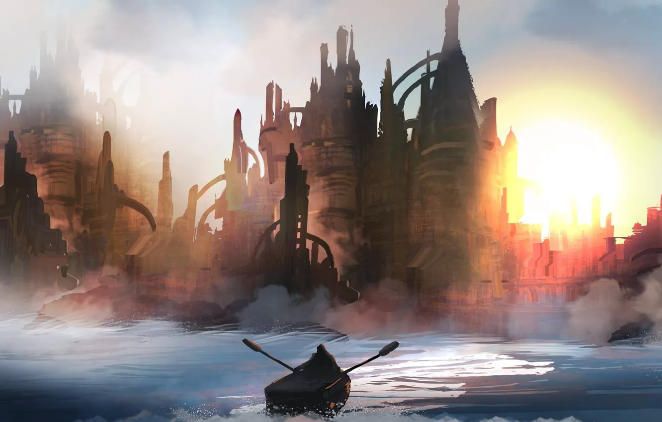 Photo wallpaper landscape, the city, Atlantis, boat, figure, people, art, landscapes