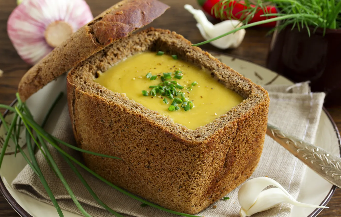 Photo wallpaper greens, bread, roll, bread, greens, Lentil soup, Lentil soup