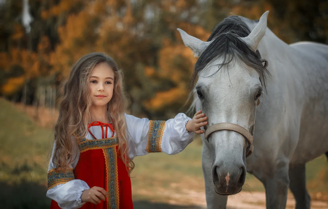 Photo wallpaper mood, horse, horse, girl, long hair, sundress