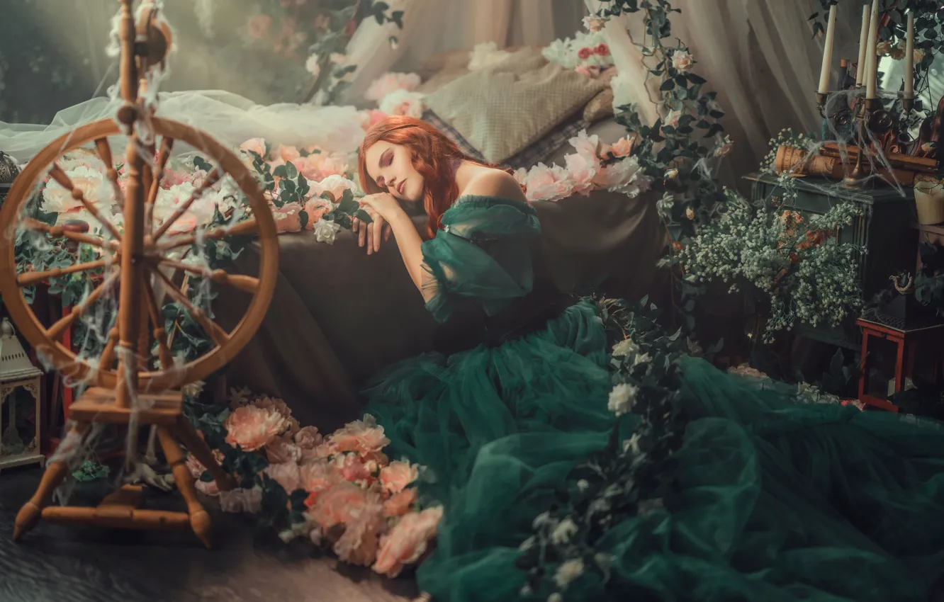 Photo wallpaper girl, flowers, bed, sleep, dress, red, redhead, Sleeping beauty