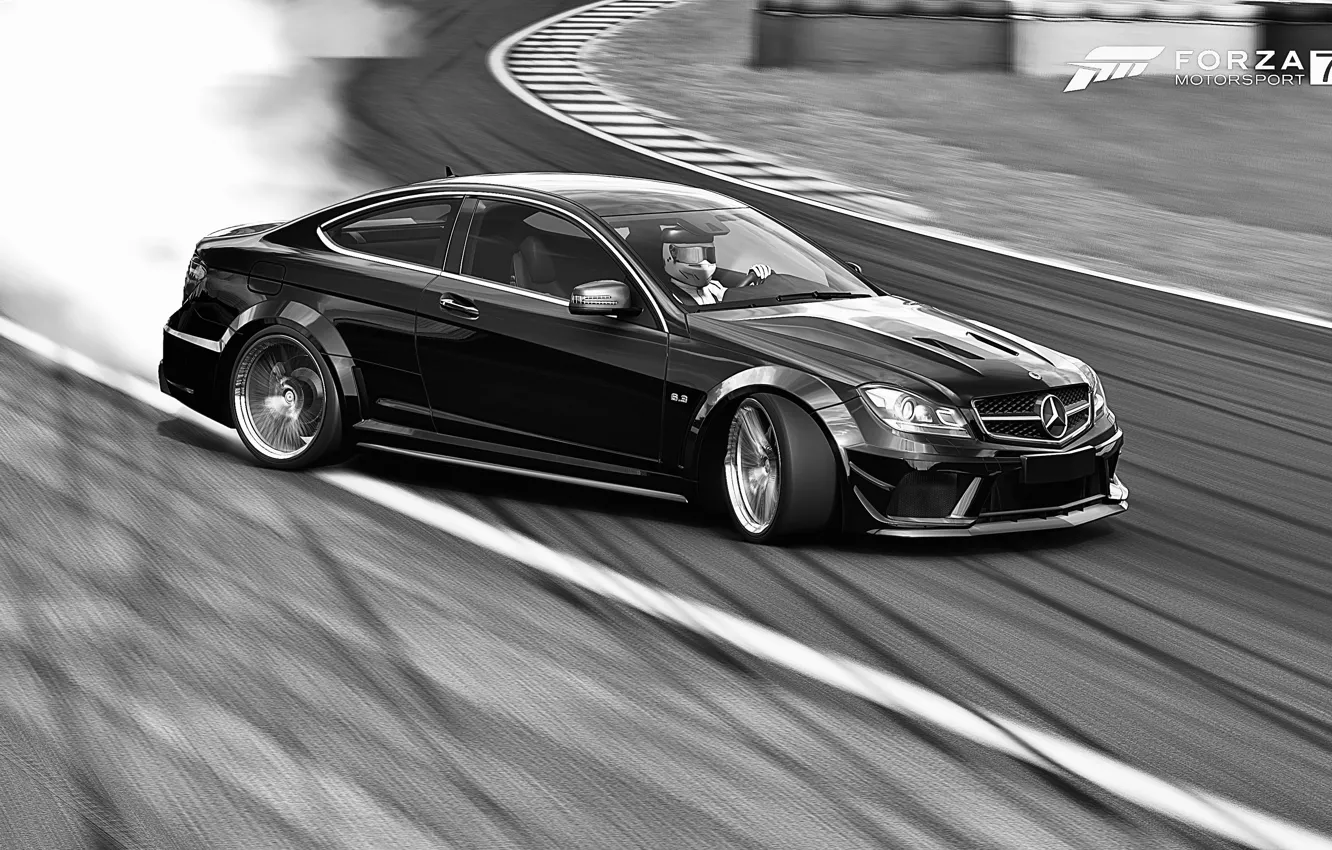Photo wallpaper black & white, HDR, Mercedes, Benz, drift, game, AMG, Mercedes Benz C63
