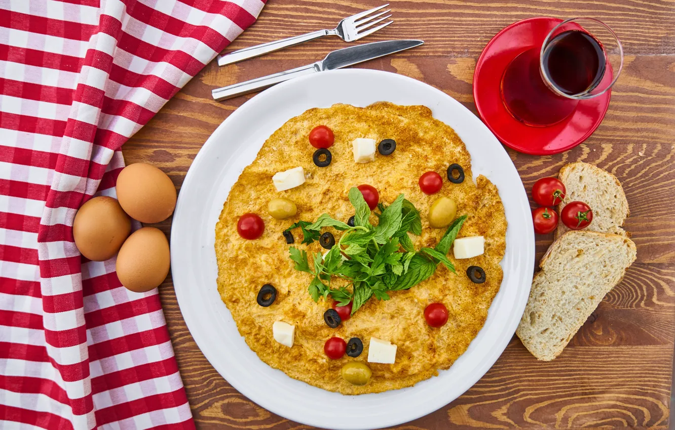 Photo wallpaper eggs, Breakfast, plate, bread, omelette
