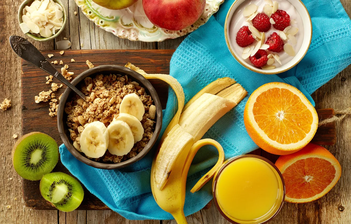 Photo wallpaper raspberry, apples, apple, orange, towel, Breakfast, kiwi, juice