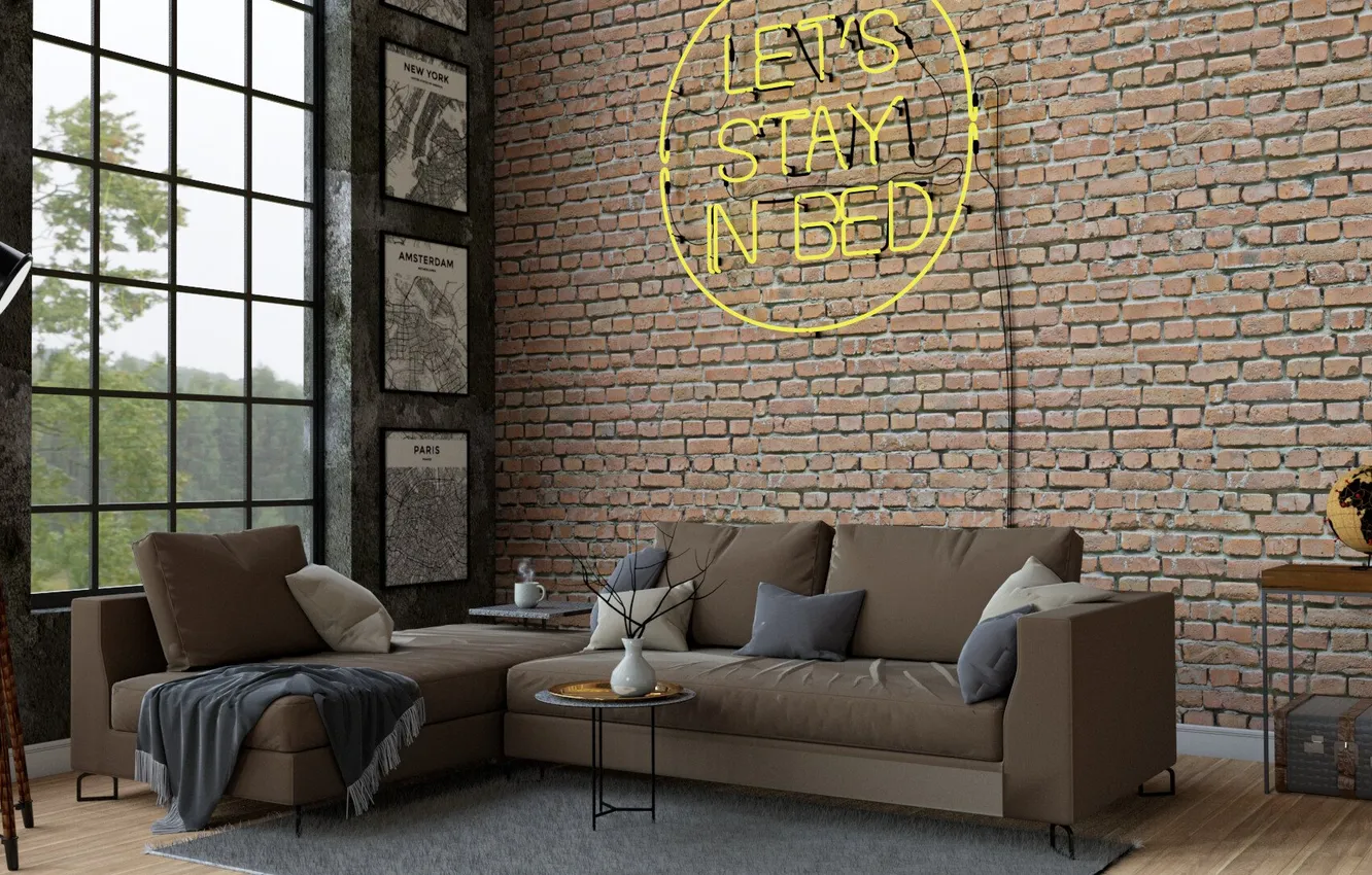Photo wallpaper design, style, room, interior, sofa, living room, loft