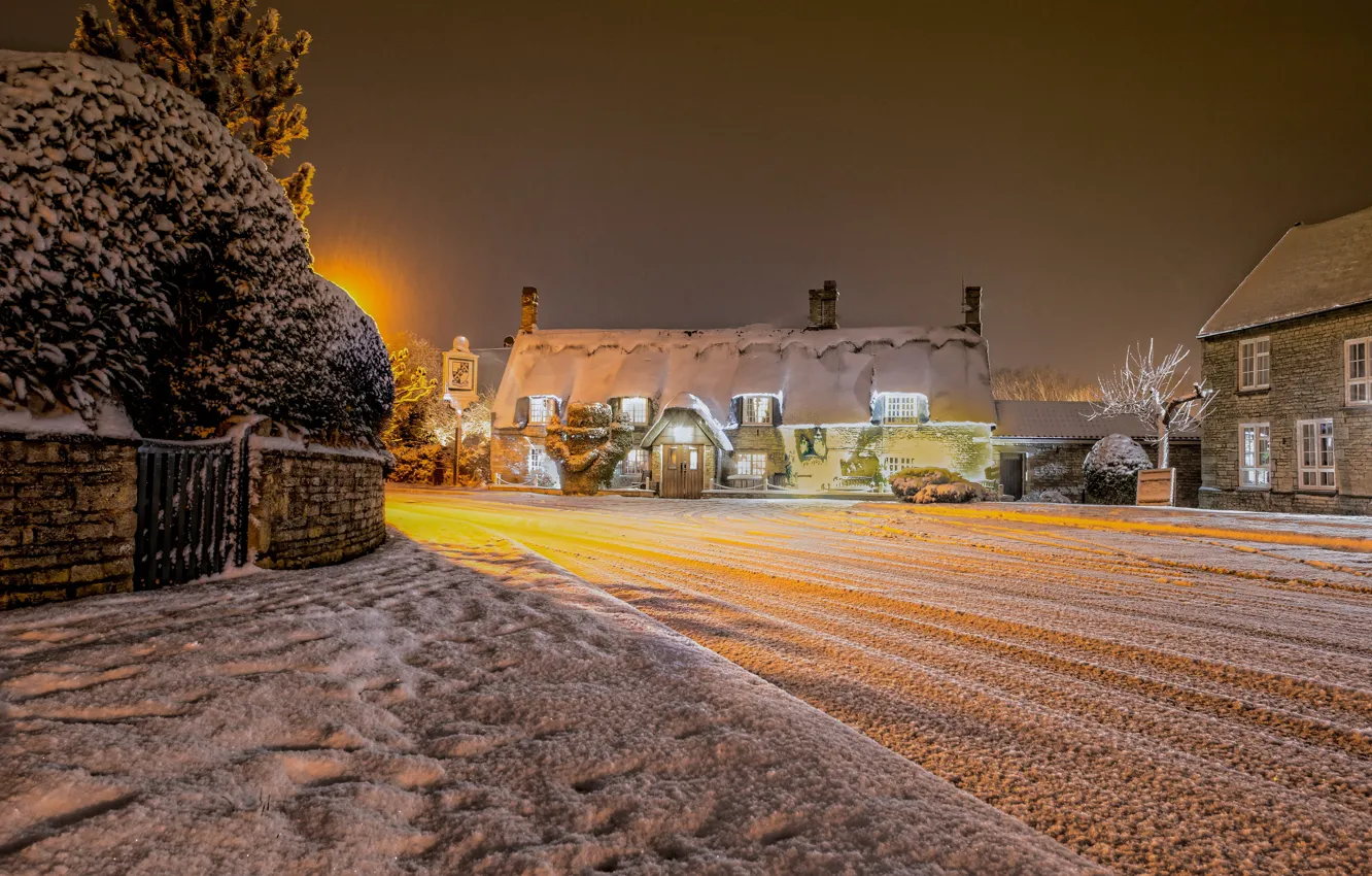 Photo wallpaper winter, snow, night, lights, England, village, United Kingdom, Cambridgeshire
