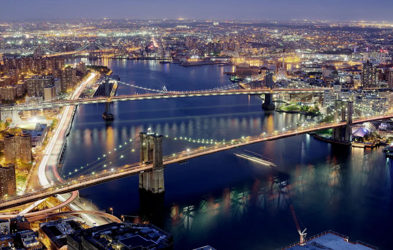 Photo wallpaper night, bridge, lights, river, New York, panorama, USA, East River