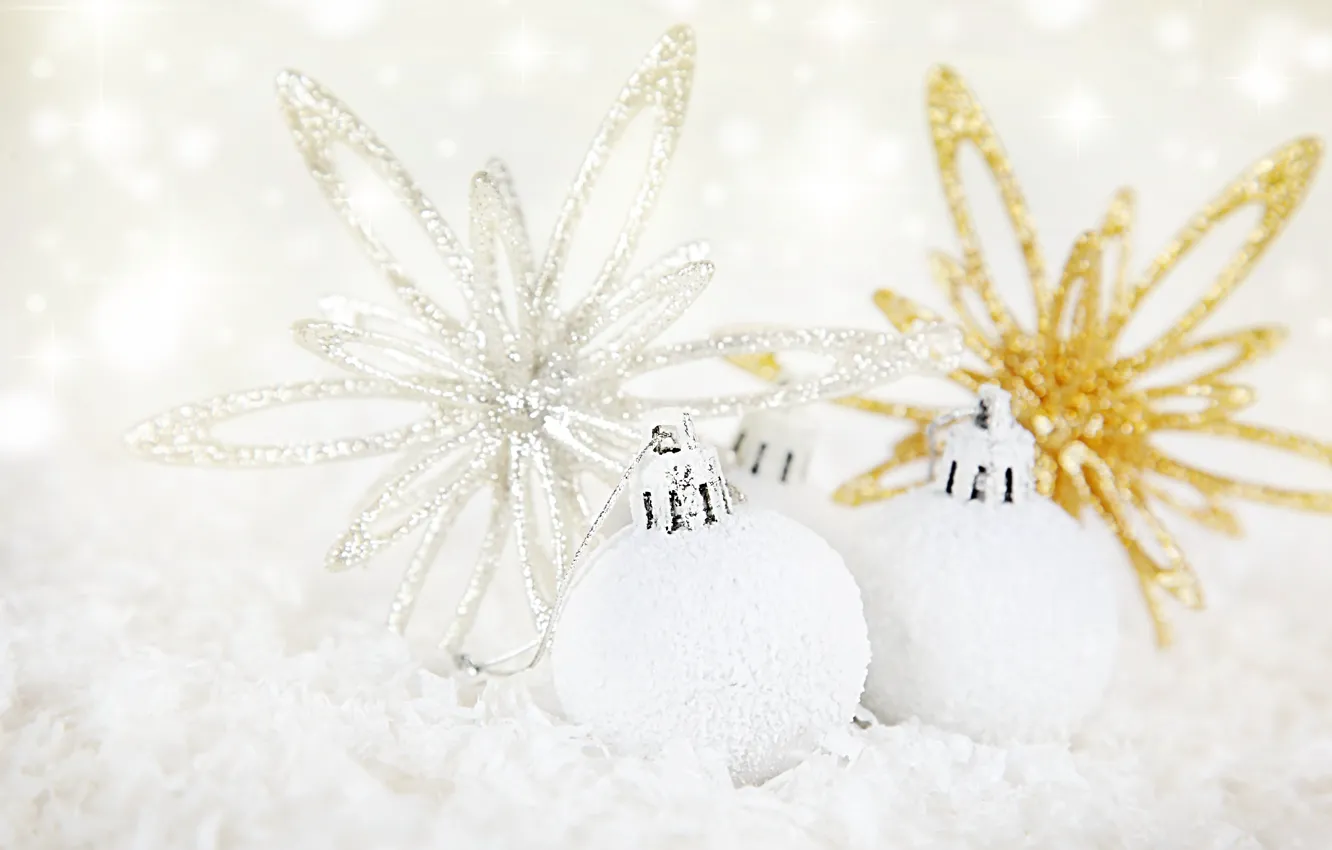 Photo wallpaper white, balls, decoration, holiday, Shine, new year, gold plated, Christmas decorations