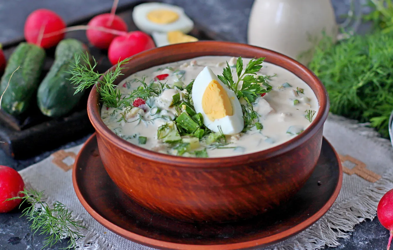 Photo wallpaper eggs, cucumbers, radishes, hash