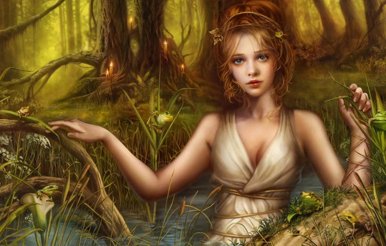 Photo wallpaper frog, fantasy, different, girl.lake