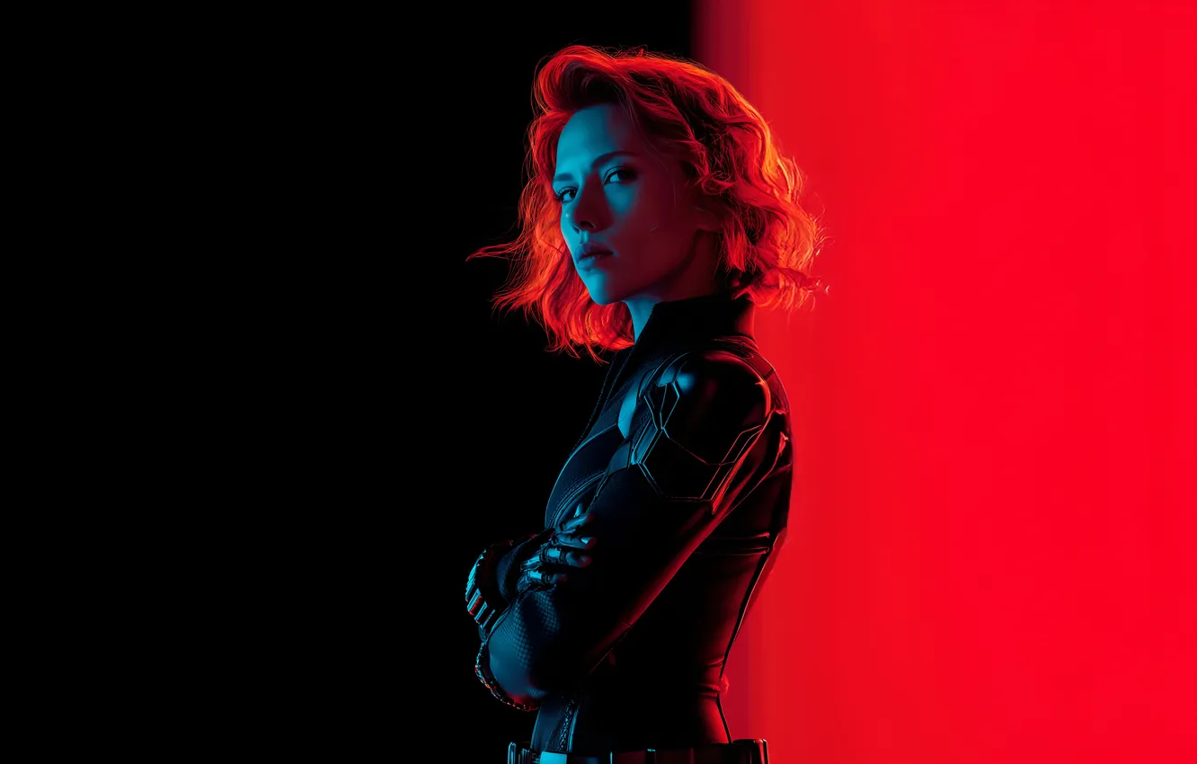 Photo wallpaper Scarlett Johansson, look, Black Widow, Natasha Romanoff, superhero, red&black