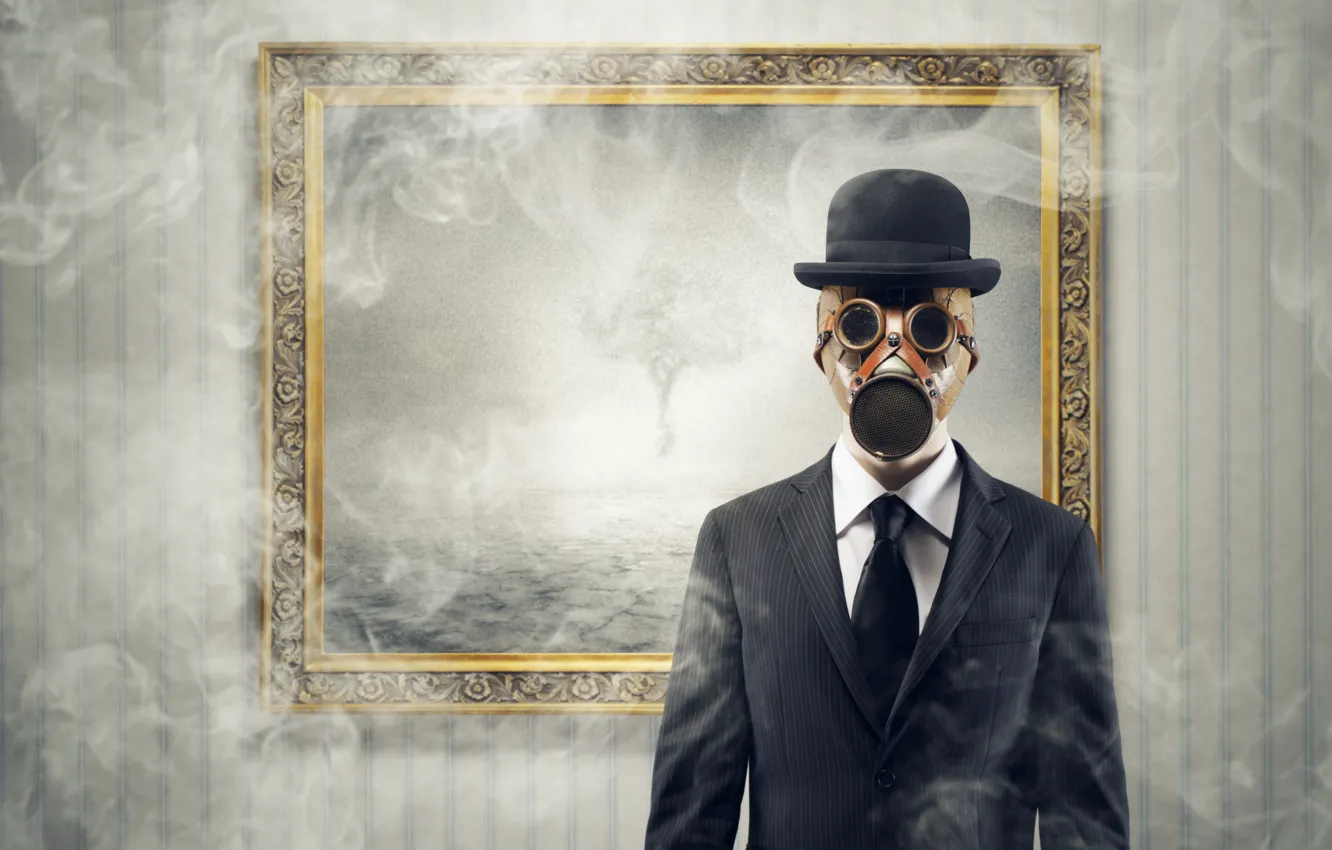 Photo wallpaper smoke, frame, hat, costume, tie, gas mask, Stalker