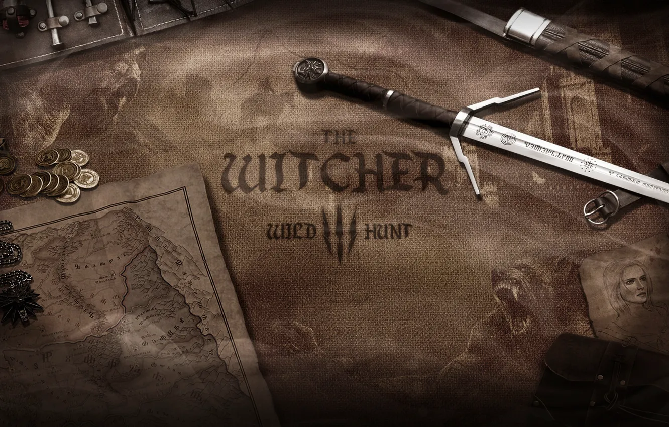 Photo wallpaper weapons, money, sword, coins, world map, the Witcher, Witcher, The Witcher 3 Wild Hunt