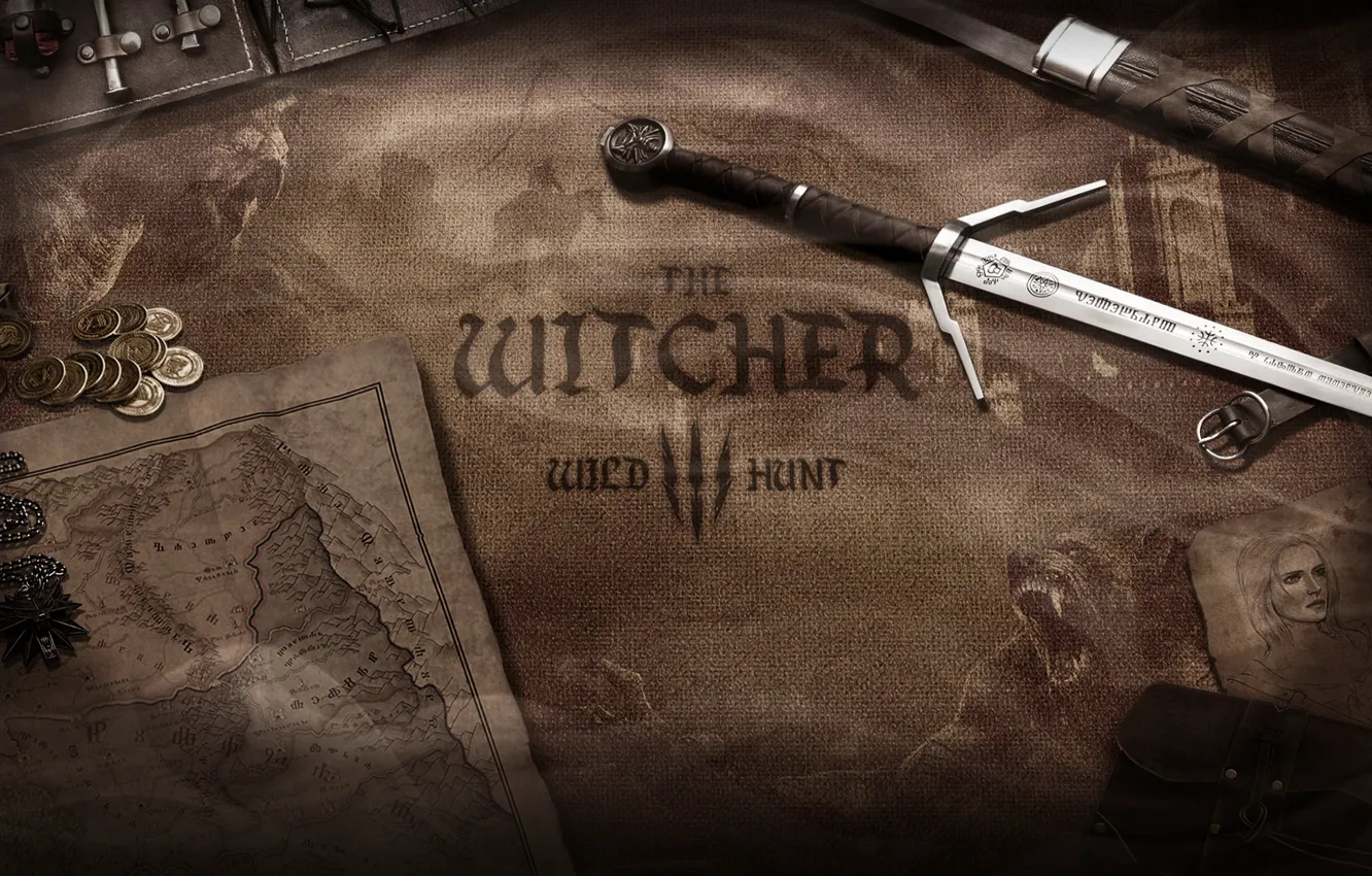 Photo wallpaper weapons, money, sword, coins, world map, The Witcher, Witcher, The Witcher 3 Wild Hunt