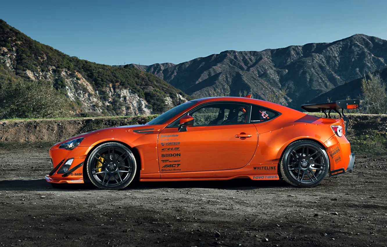 Photo wallpaper Orange, Toyota, Mountain, Style, Tuning, Wheels, Rims, Widebody