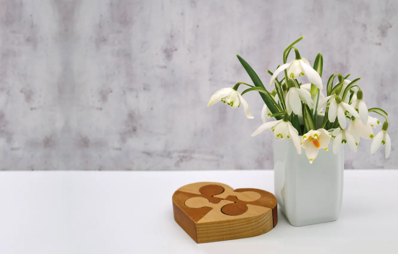 Photo wallpaper flowers, wall, heart, bouquet, spring, snowdrops, vase, white