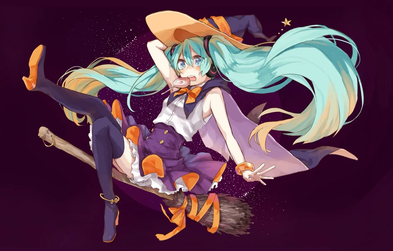 Wallpaper flight, Halloween, broom, cloak, vocaloid, Hatsune Miku