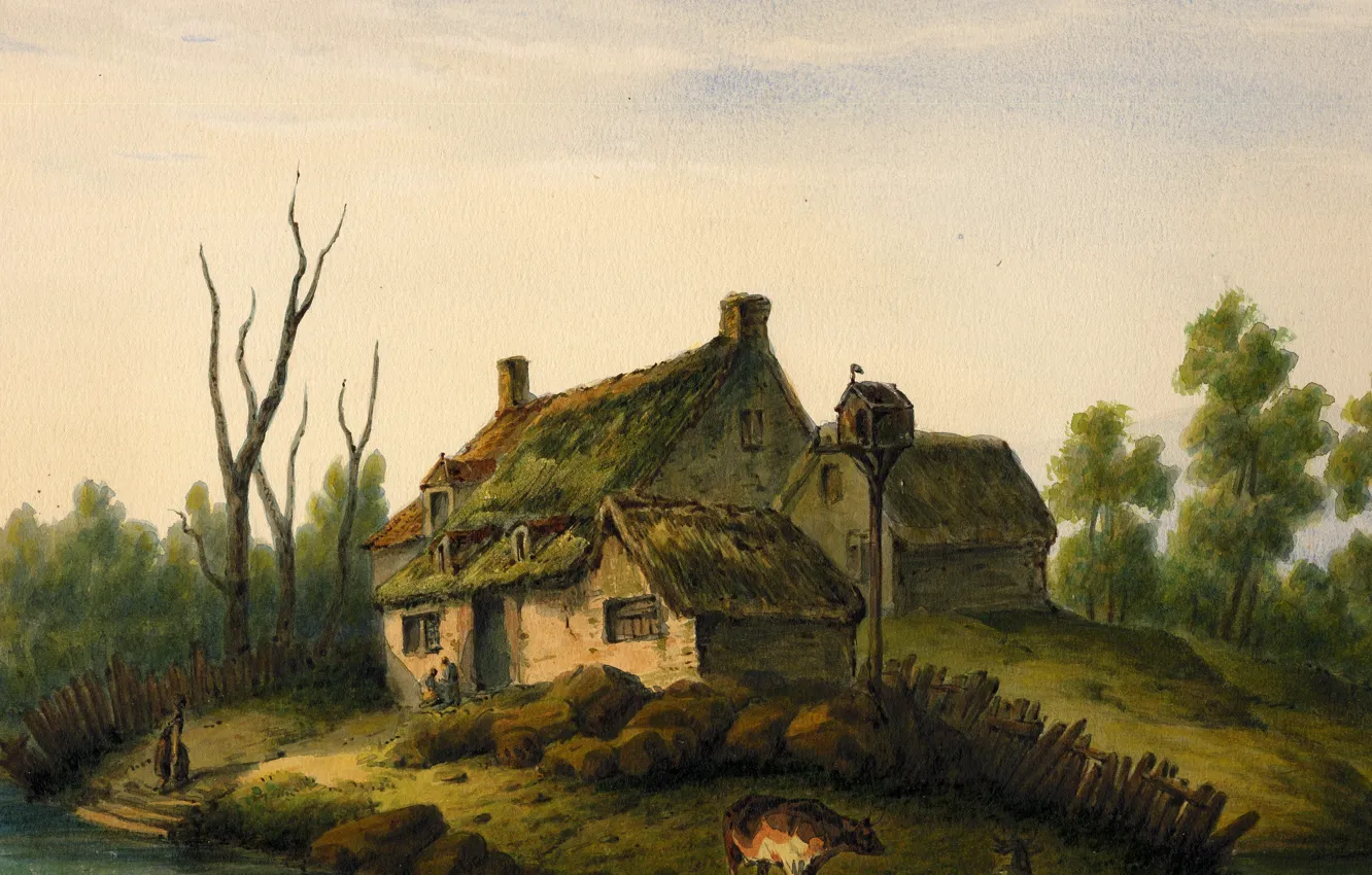 Photo wallpaper house, river, cow, bank, circa 1850, Watercolor, poor