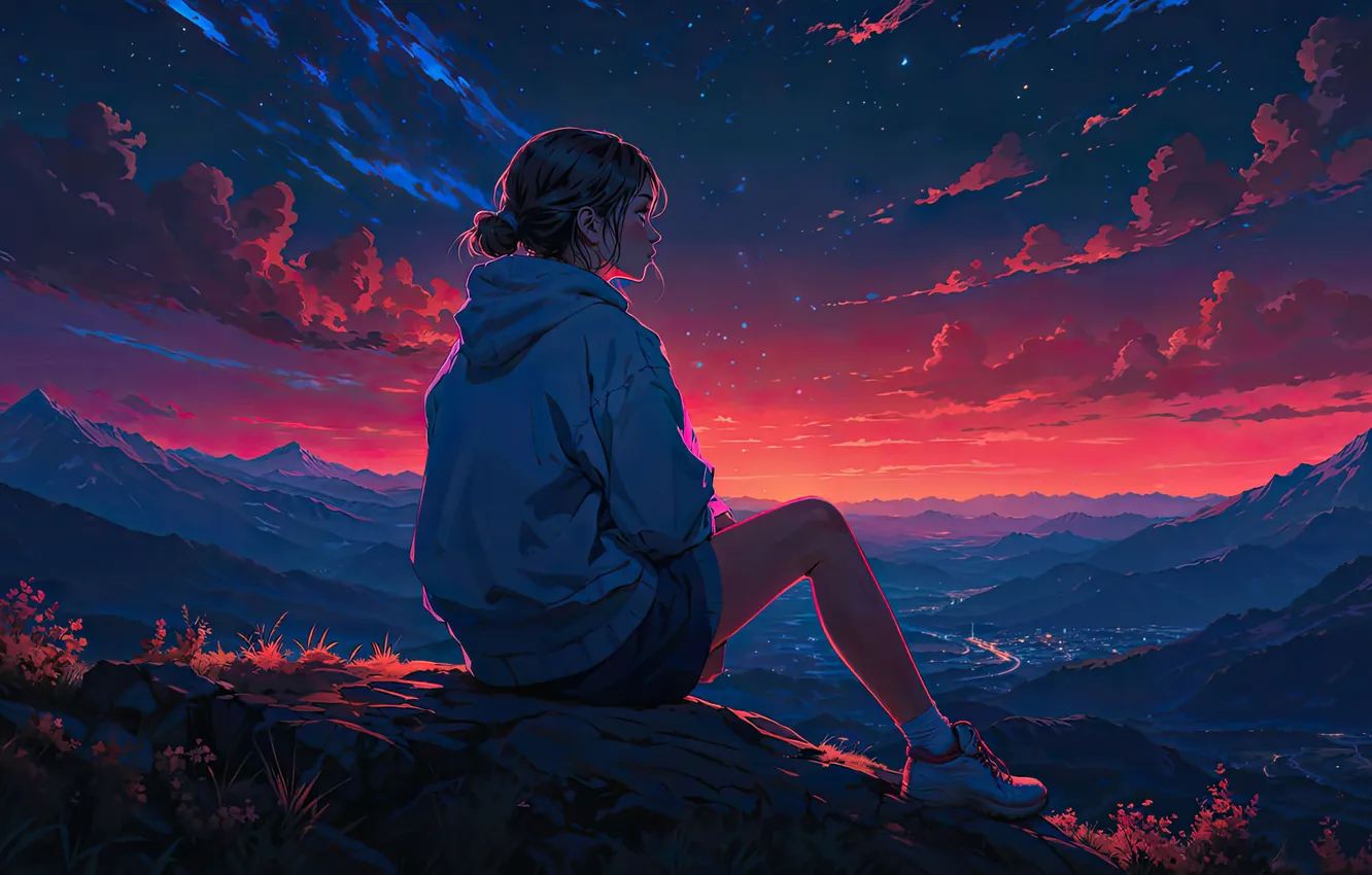 Photo wallpaper city, girl, night, view, AI Art