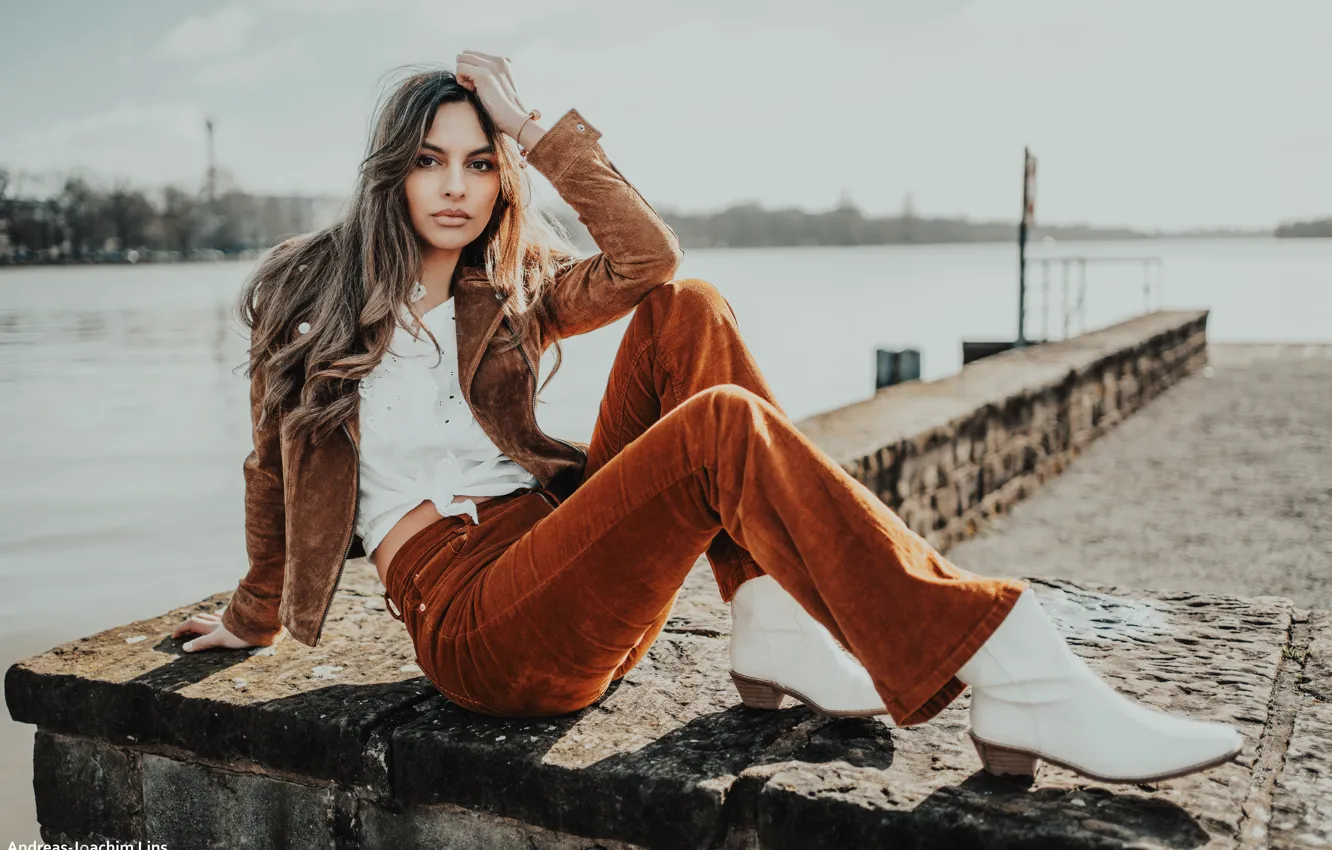 Photo wallpaper look, the sun, landscape, pose, river, model, portrait, makeup