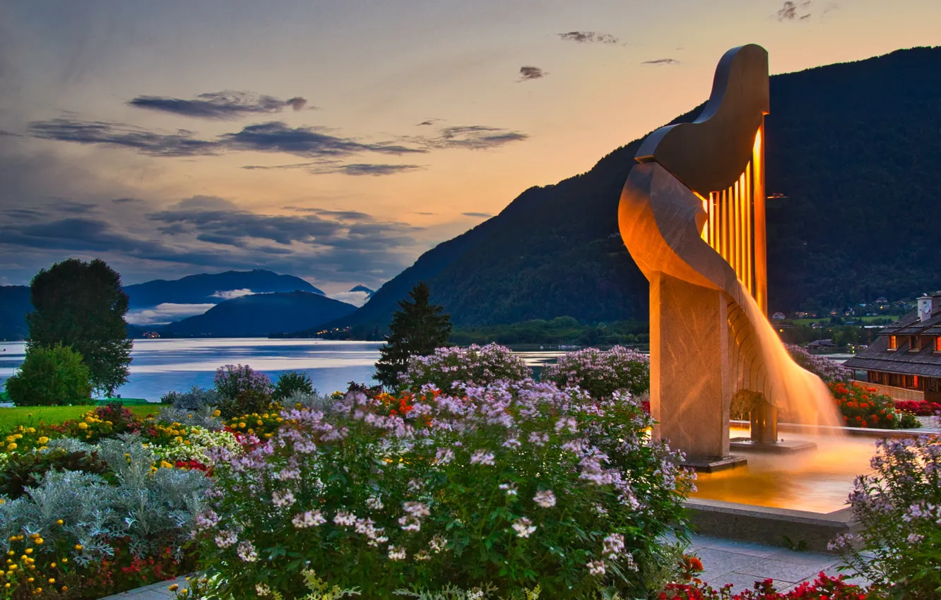 Photo wallpaper landscape, flowers, mountains, nature, lake, the evening, Austria, lighting