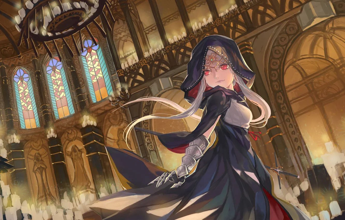 Photo wallpaper girl, candles, art, hood, temple, pixiv fantasia, Quaanqin