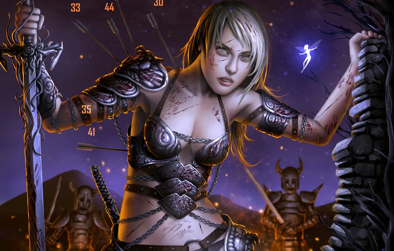 Photo wallpaper girl, night, fireflies, sword, armor