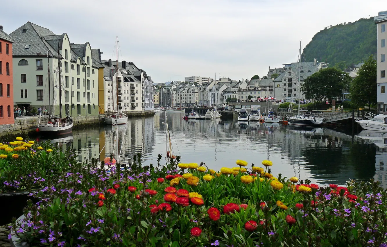 Photo wallpaper water, flowers, the city, boat, home