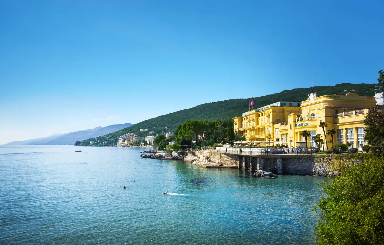 Photo wallpaper sea, mountains, coast, home, Bay, Croatia, the Peninsula, Opatija