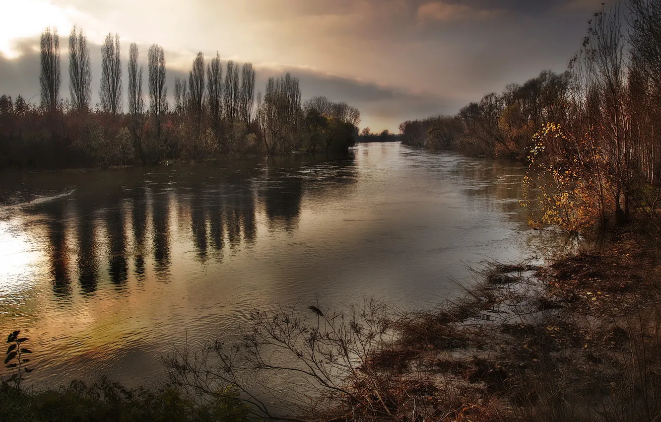 Photo wallpaper autumn, forest, clouds, clouds, river