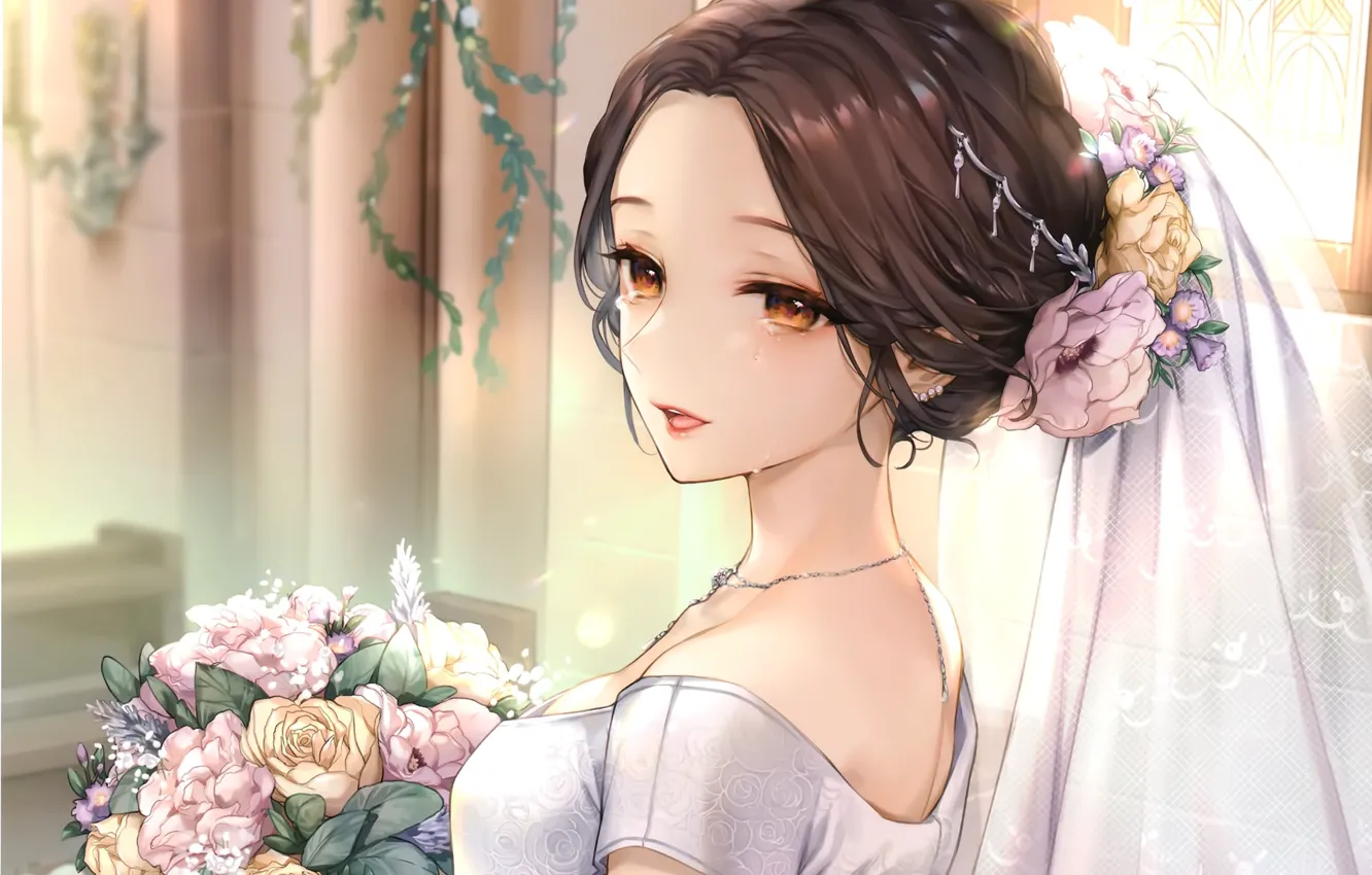Photo wallpaper neckline, columns, the bride, veil, flower in hair, the bride's bouquet, sideways, tears in the …