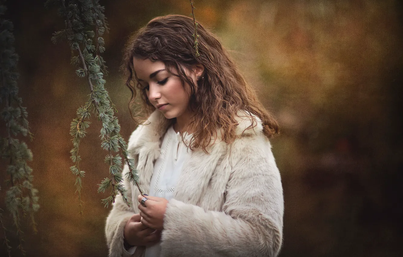 Photo wallpaper girl, branches, background, mood, texture, coat