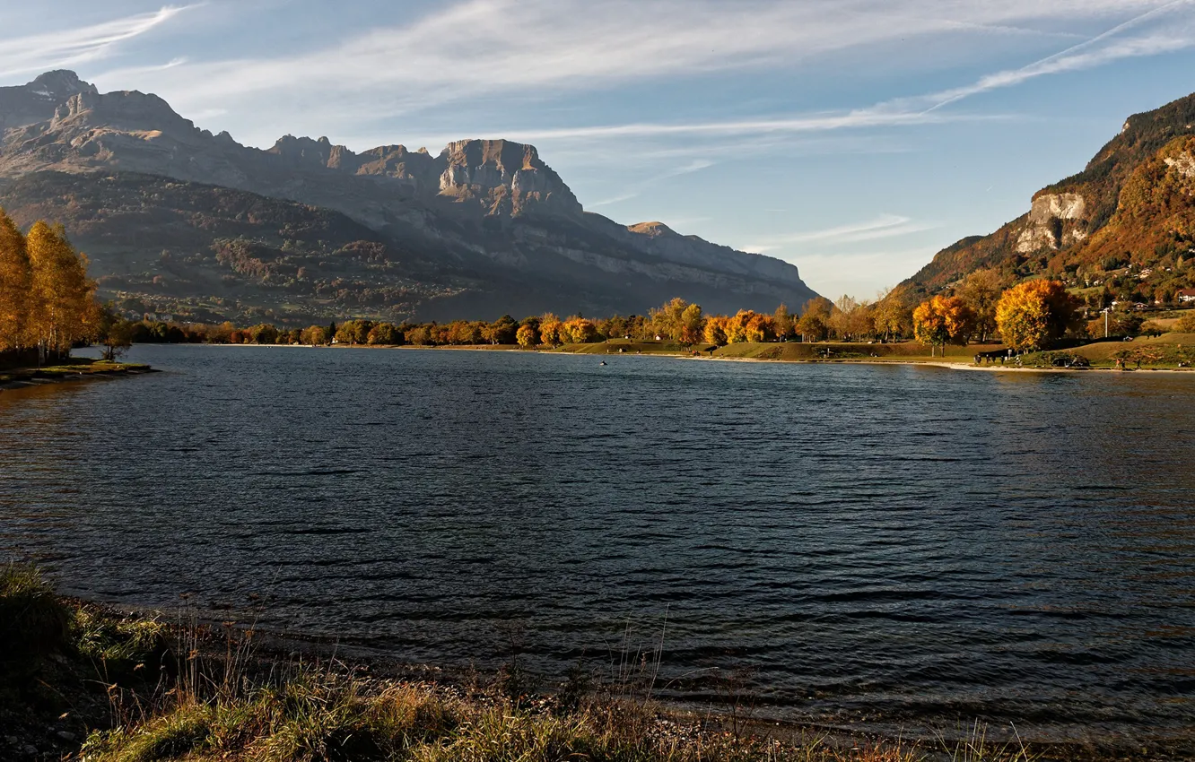 Photo wallpaper autumn, the sky, the sun, trees, mountains, river, rocks, France