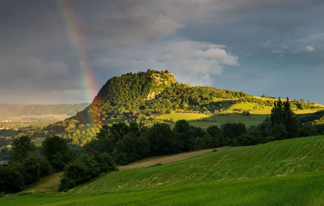 Photo wallpaper mountain, rainbow, the volcano, Germany, Hohentwiel, the area of the Hegau
