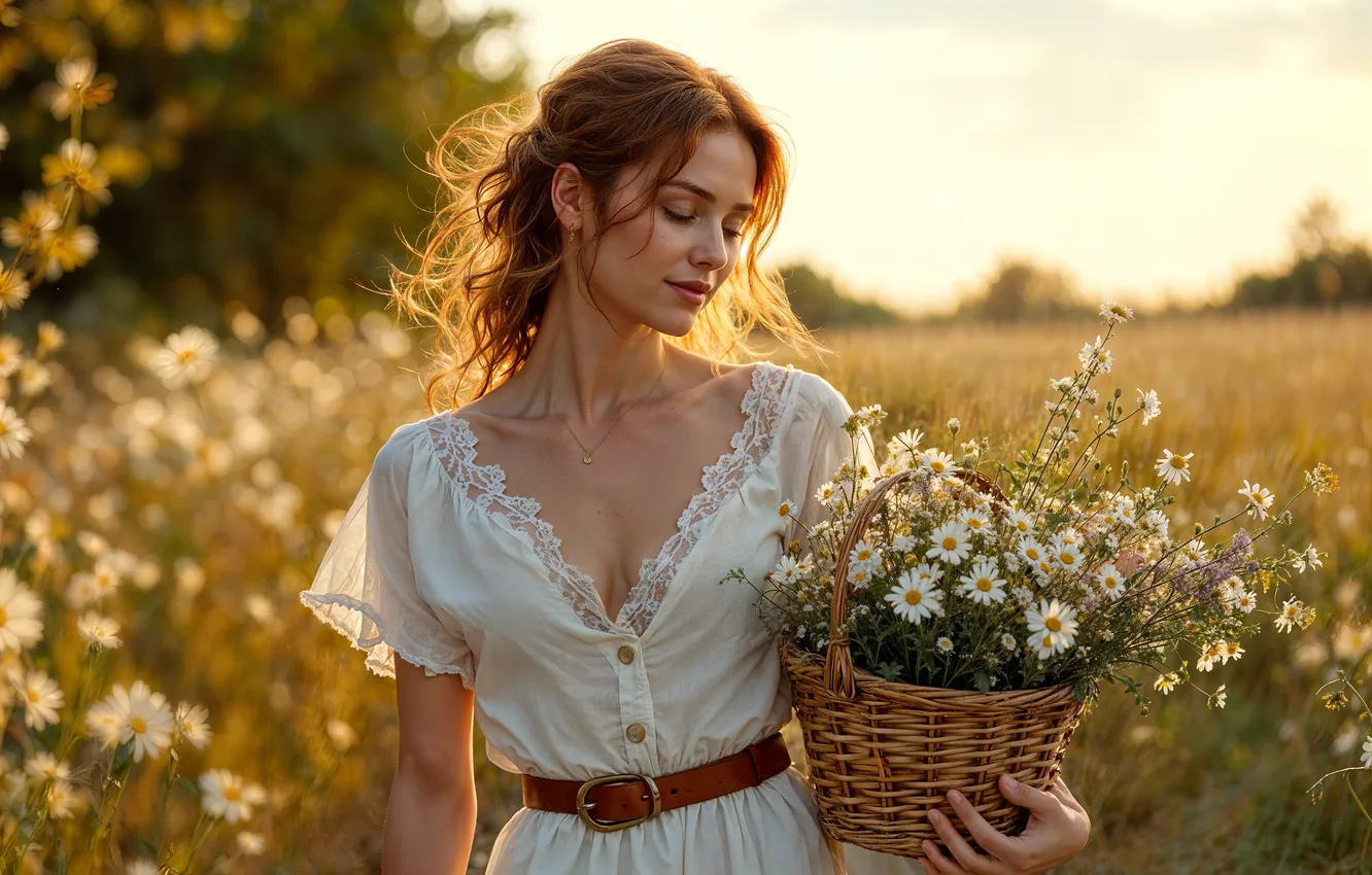 Photo wallpaper field, summer, girl, light, flowers, smile, chamomile, bouquet
