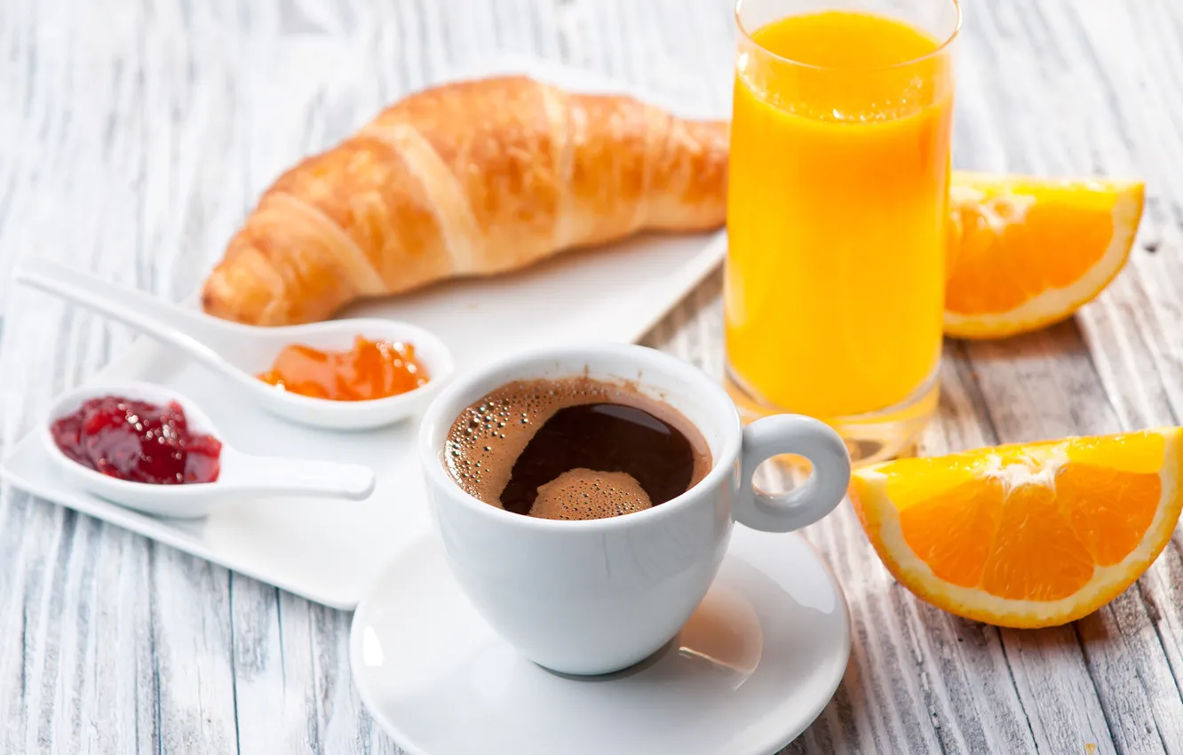 Photo wallpaper coffee, oranges, juice, jam, croissants