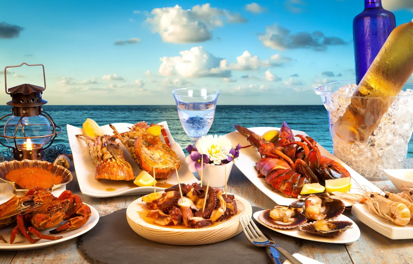 Photo wallpaper ice, sea, the sky, clouds, landscape, lemon, glass, bottle