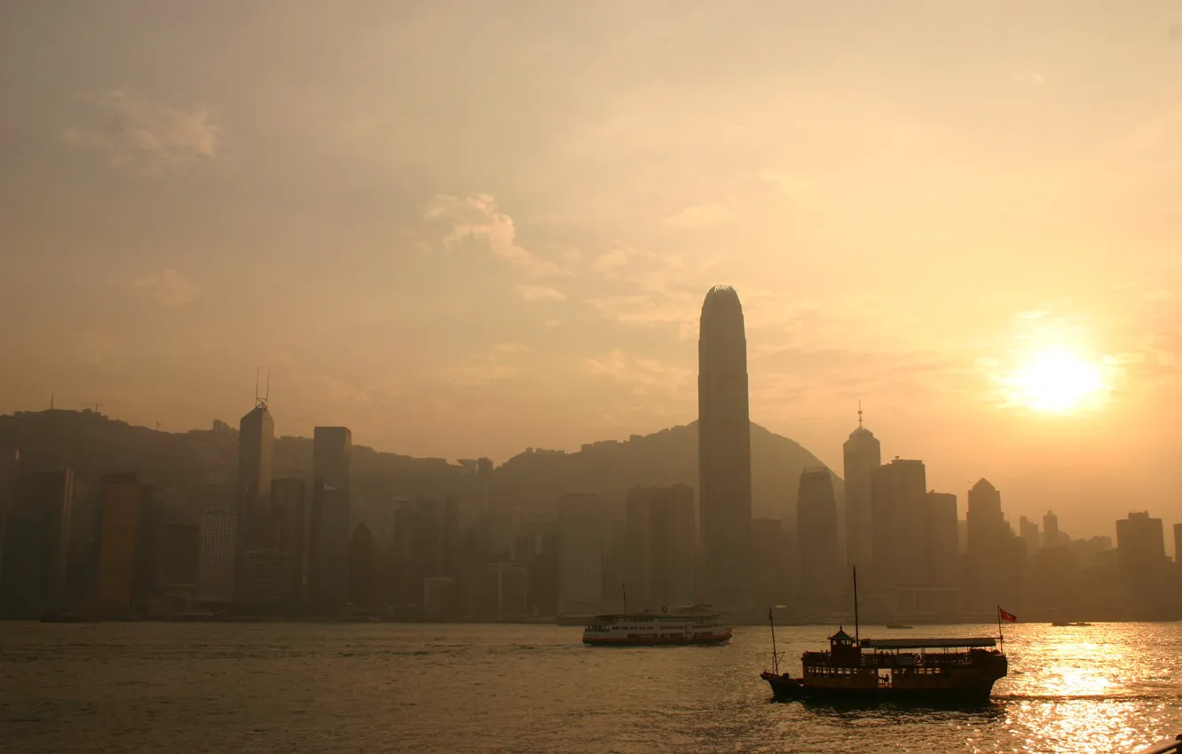 Photo wallpaper the sun, boat, Bay