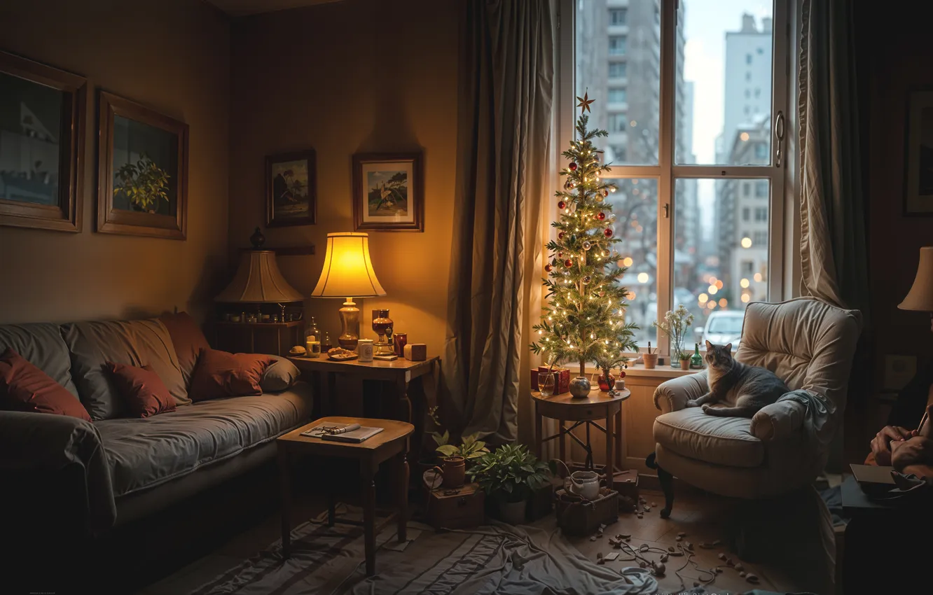 Photo wallpaper decoration, room, gift, tree, new year, interior, Christmas, Christmas