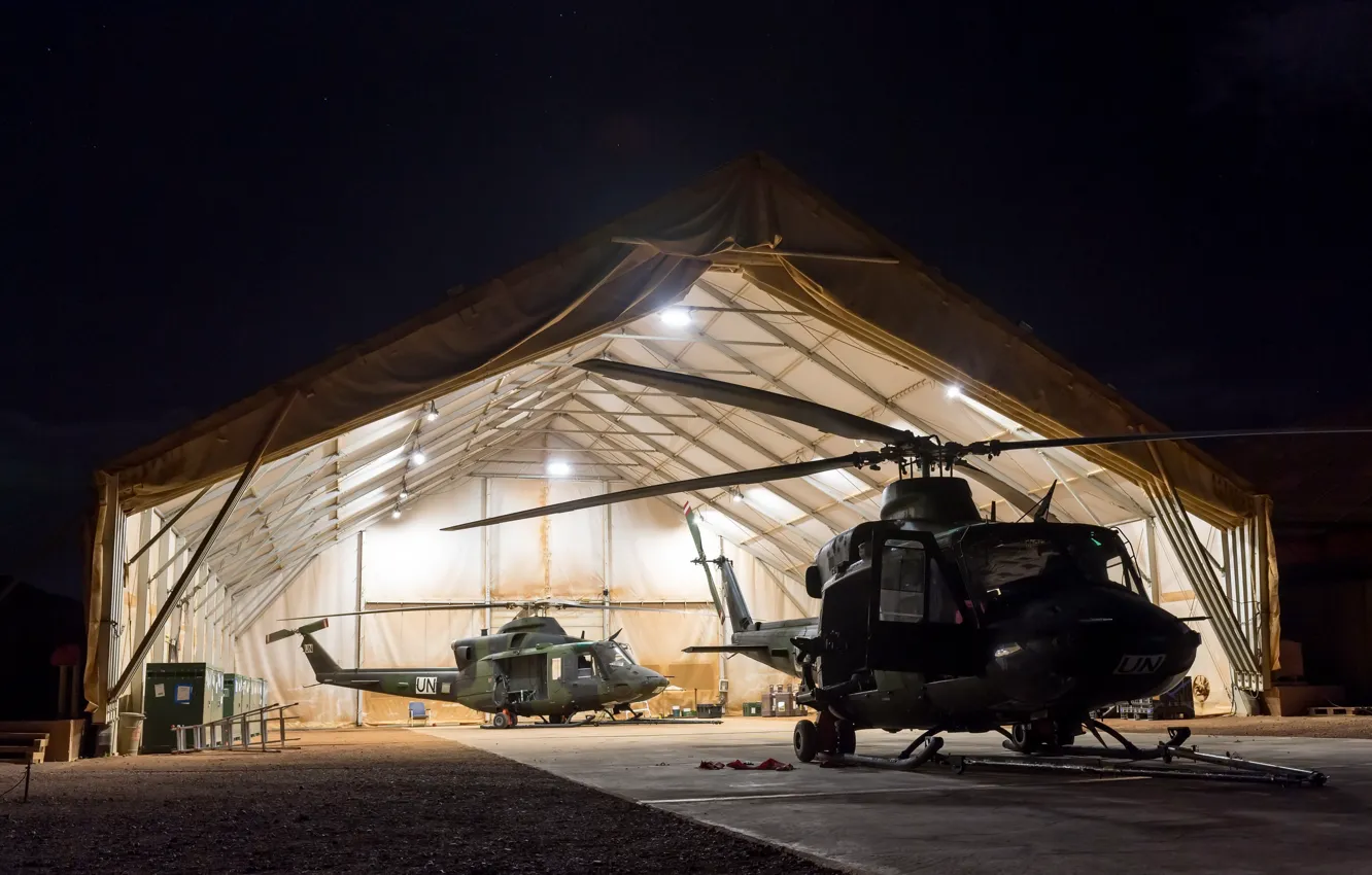Photo wallpaper light, night, weapons, army, hangar, helicopter