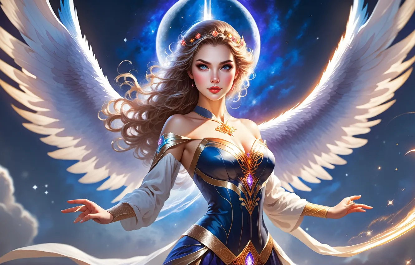 Photo wallpaper magic, cleavage, long hair, wings, angel, women, smiling, wavy hair