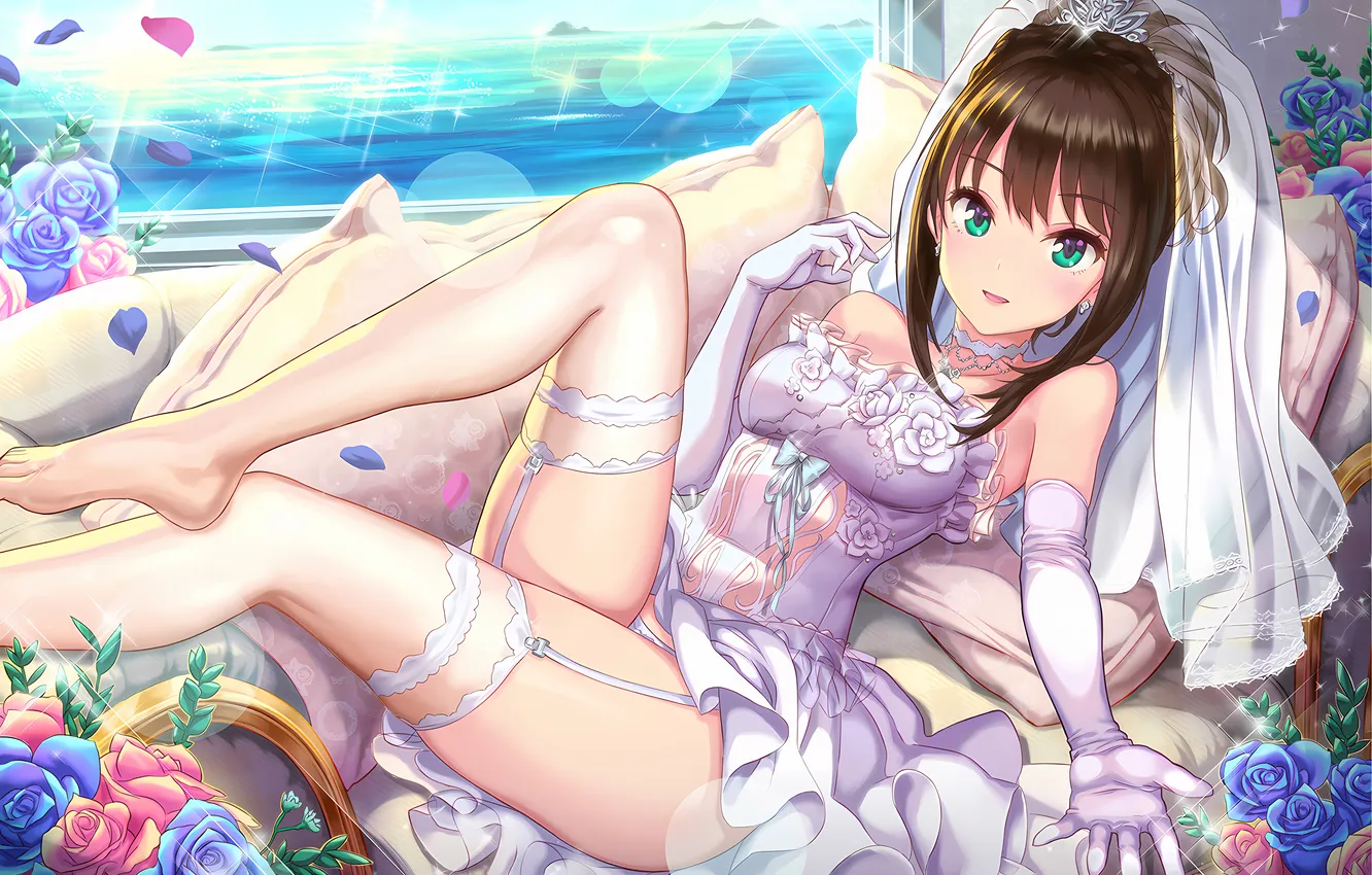 Photo wallpaper girl, sexy, thighhighs, green eyes, dress, legs, sea, anime