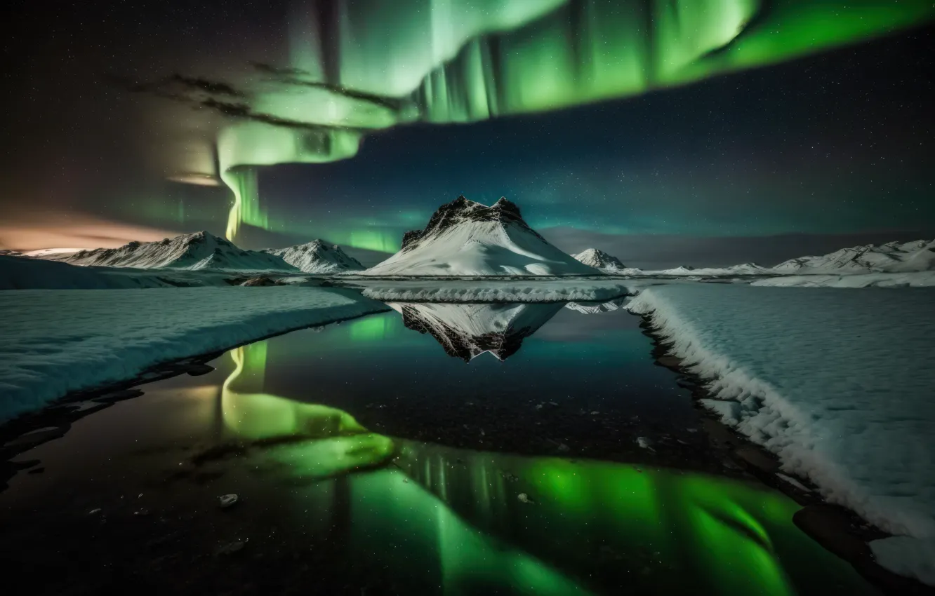 Photo wallpaper Nature, Winter, Mountain, Aurora Borealis, Northern Lights, Reflections