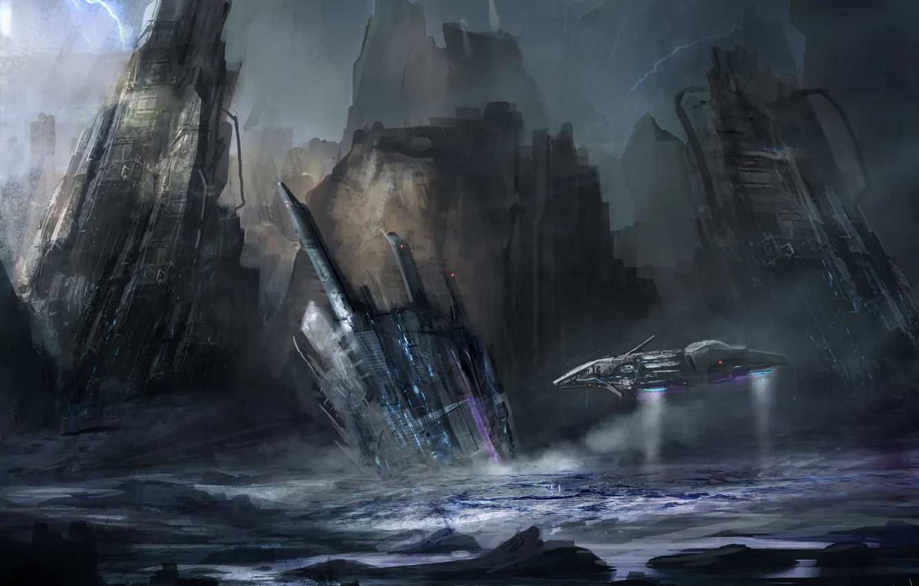 Photo wallpaper sea, storm, lightning, art, spaceship, cloudminedesign