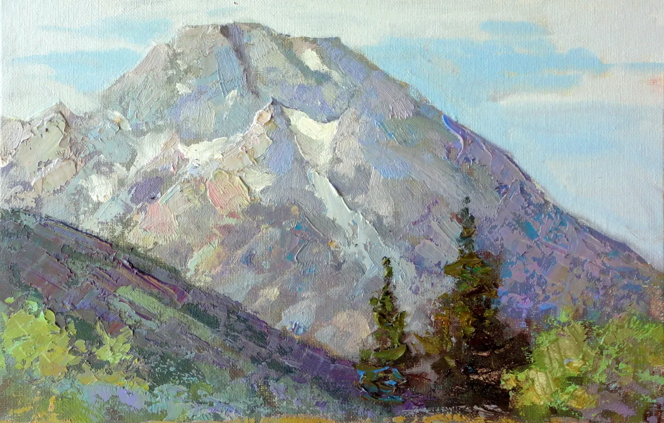 Photo wallpaper clouds, trees, mountains, nature, slope, art