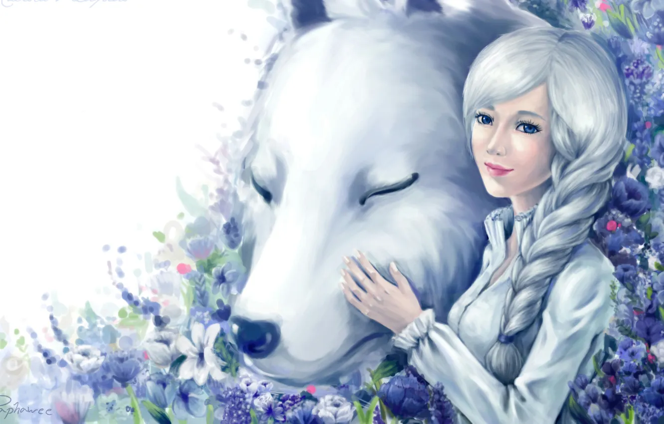 Photo wallpaper white, girl, flowers, dog, art